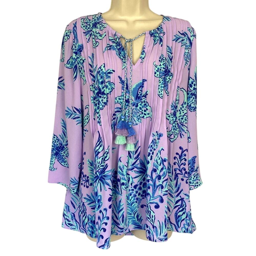 Lilly‎ Pulitzer Top Womens Small Floral Animal Print Jungle Path Purple Boho NEW